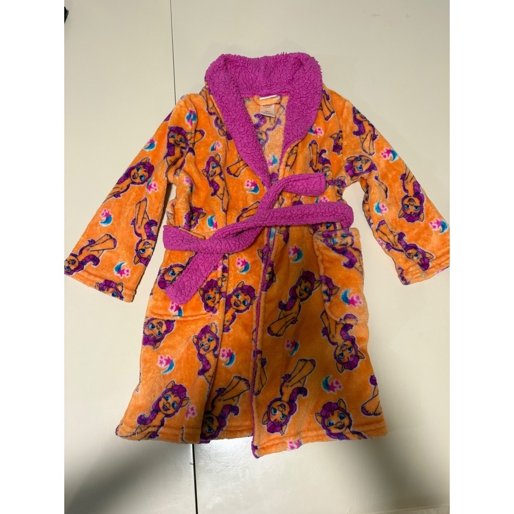 My Little Pony Girls Orange Pink Fleece Bathrobe Size 6 Sherpa Trim Robe